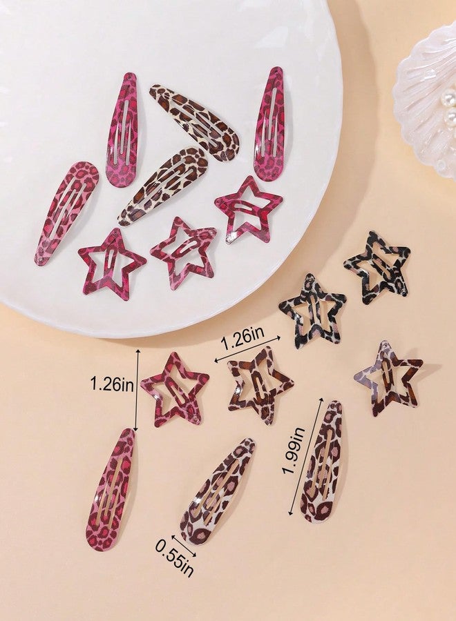 TEBIEKOY Metal Snap Hair Clips,8 Pairs Hair Barrettes for Women - Star & Water Drop Hair Barrettes, Non-Slip Y2K Accessories for Thin Thick Hair,Pink and Brown Leopard Print - Image 4
